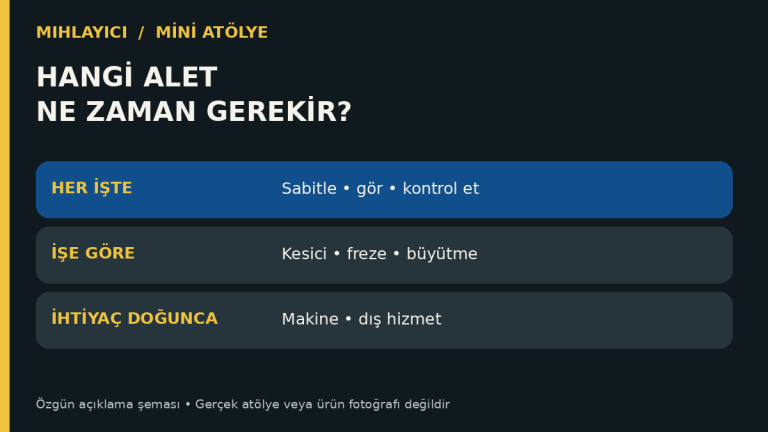 Önce gerekli aletler için özgün açıklama şeması; gerçek atölye fotoğrafı değildir.