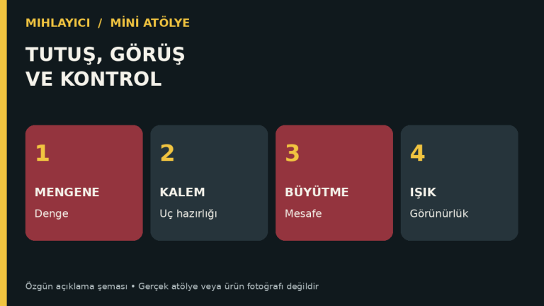 Tut • gör • kontrol et için özgün açıklama şeması; gerçek atölye fotoğrafı değildir.